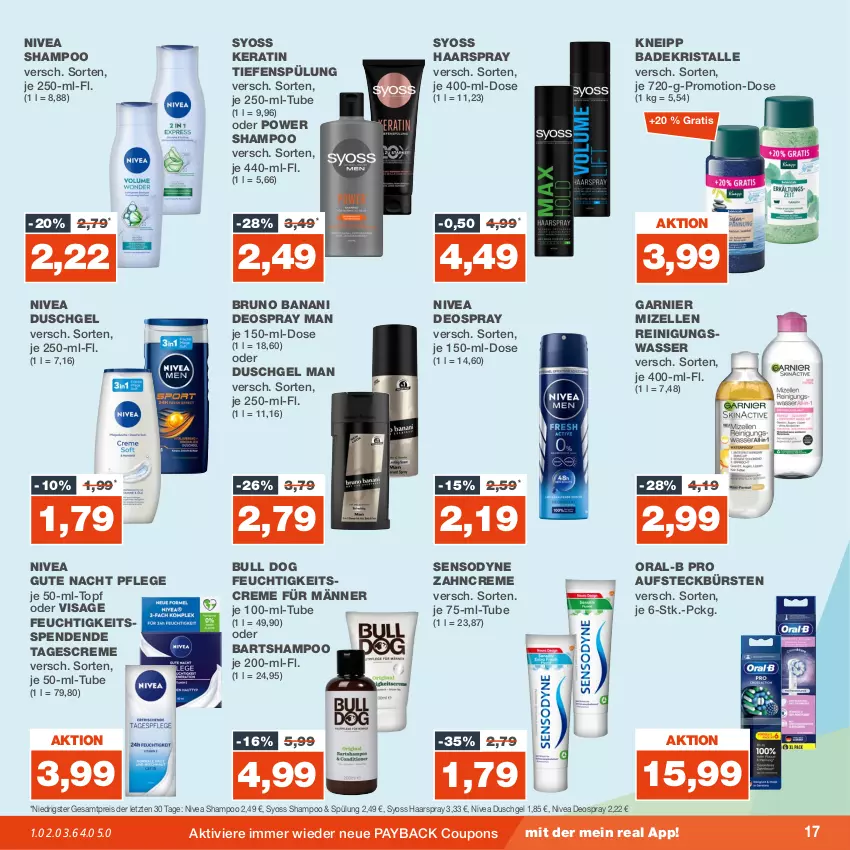 Aktueller Prospekt Real - von 02.10 bis 07.10.2023 - strona 17 - produkty: aufsteckbürsten, Bad, Badekristalle, bruno banani, bürste, bürsten, coupon, coupons, creme, deo, deospray, duschgel, eis, elle, feuchtigkeitscreme, garnier, gsw, haarspray, kneipp, mizellen, Mizellen Reinigungswasser, nivea, oral-b, payback, Reinigung, reis, sensodyne, shampoo, spülung, syoss, tagescreme, Ti, topf, wasser, Yo, zahncreme, ZTE