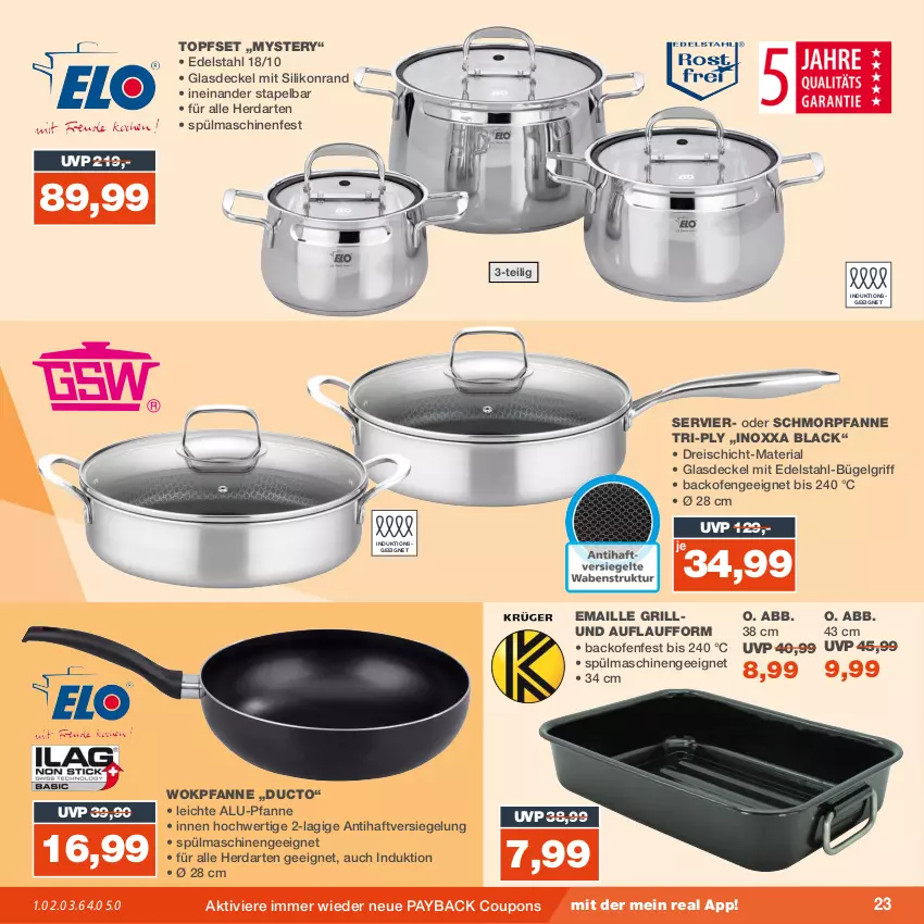 Aktueller Prospekt Real - von 02.10 bis 07.10.2023 - strona 23 - produkty: backofen, bügel, coupon, coupons, decke, Deckel, edelstahl, eis, Glasdeckel, grill, herdarten, lack, LG, maille, Ofen, payback, pfanne, reis, Ria, schmorpfanne, spülmaschinen, Ti, topf, Topfset, wok