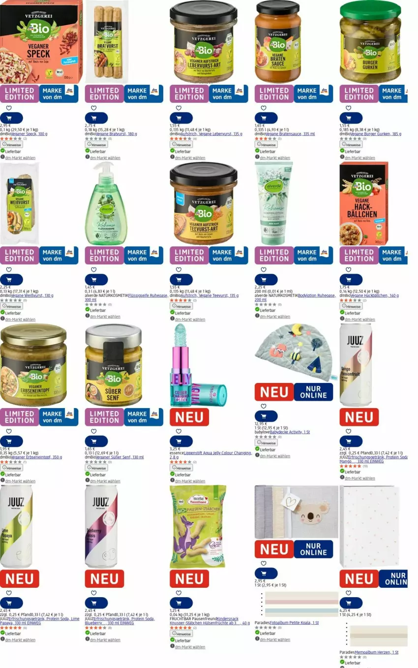 Aktueller Prospekt Dm Drogerie - Prospekte - von 18.08 bis 27.08.2025 - strona 19 - produkty: akku, Alverde, aqua, Babylove, bio, blueberry, body, bodylotion, braten, bratwurst, burger, cin, decke, eintopf, eis, erbsen, erde, erfrischungsgetränk, frucht, früchte, getränk, gin, gurke, gurken, hülsenfrüchte, Kinder, kosmetik, Lippenstift, Lotion, mango, natur, naturkosmetik, ndk, Papaya, sauce, Seife, senf, snack, Soda, Speck, tee, teewurst, Ti, topf, wurst