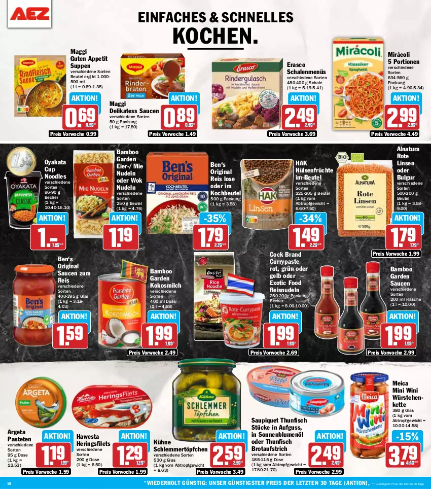 Aktueller Prospekt Aez - Prospekte - von 16.09 bis 21.09.2024 - strona 10 - produkty: aufstrich, bamboo, Becher, beutel, blume, blumen, blumenöl, brot, brotaufstrich, bulgur, curry, delikatess sauce, eier, eis, elle, erasco, filet, filets, fisch, flasche, früchte, gin, hawesta, hering, Herings, heringsfilets, hülsenfrüchte, Kette, kochbeutel, kokos, kokosmilch, Kühne, LG, linsen, maggi, meica, milch, Mirácoli, natur, natura, nudel, nudeln, pastete, reis, ring, Rote Linsen, sauce, saucen, saupiquet, Schal, Schale, schlemmertöpfchen, senf, sonnenblume, sonnenblumen, sonnenblumenöl, suppe, suppen, thunfisch, Ti, Töpfchen, wok, würstchen, ZTE