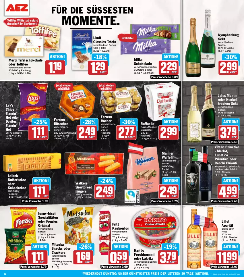 Aktueller Prospekt Aez - Prospekte - von 16.09 bis 21.09.2024 - strona 12 - produkty: aperitif, auer, beutel, butter, butterkeks, chia, chianti, chips, cracker, Doritos, eis, ente, ferrero, Ferrero Küsschen, Ferrero Rocher, flasche, frucht, fruchtgummi, funny-frisch, gin, haribo, henkel, henkell, Henkell Trocken, jules mumm, kakao, keks, kekse, kokos, Lakritz, leibniz, lillet, lindt, mandel, Manner, merci, merl, merlot, milka, milka schokolade, mumm, oder lakritz, primitivo, raffaello, reis, schoko, schokolade, sekt, snack, snacks, Spezi, tafelschokolade, Ti, toffifee, waffeln, ZTE