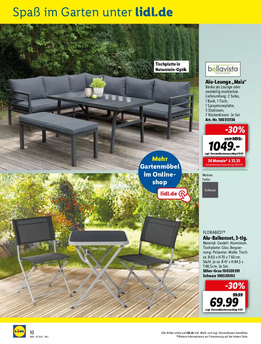 Aktueller Prospekt Lidl - Aktuelle Onlineshop-Highlights - von 01.03 bis 31.03.2022 - strona 10 - produkty: Balkonset, Bank, florabest, Garten, gartenmöbel, HP, kissen, latte, LG, möbel, natur, naturstein, ndk, Ria, Rückenkissen, rum, sitzkissen, Sofa, stuhl, Ti, tisch, tischplatte, ZTE