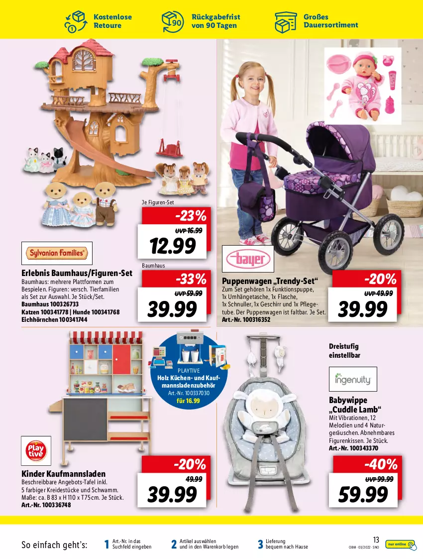 Aktueller Prospekt Lidl - Aktuelle Onlineshop-Highlights - von 01.03 bis 31.03.2022 - strona 13 - produkty: angebot, auer, Bau, eis, flasche, geschirr, Holz, hörnchen, Kaufmanns, Kinder, kissen, korb, Kreide, küche, Küchen, natur, Puppe, Puppenwagen, reis, schwamm, Spiele, Tasche, Ti, umhängetasche