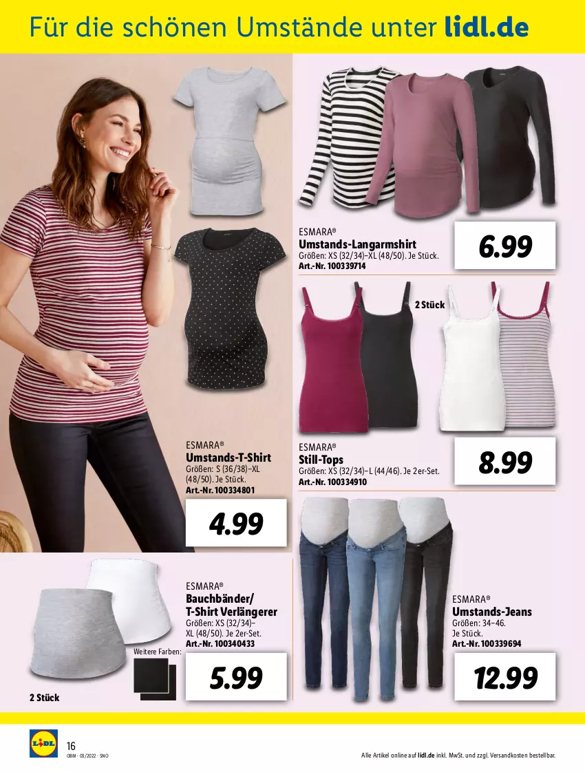 Aktueller Prospekt Lidl - Aktuelle Onlineshop-Highlights - von 01.03 bis 31.03.2022 - strona 16 - produkty: Bau, esmara, jeans, Langarmshirt, ndk, shirt, Still-Top, T-Shirt, Ti