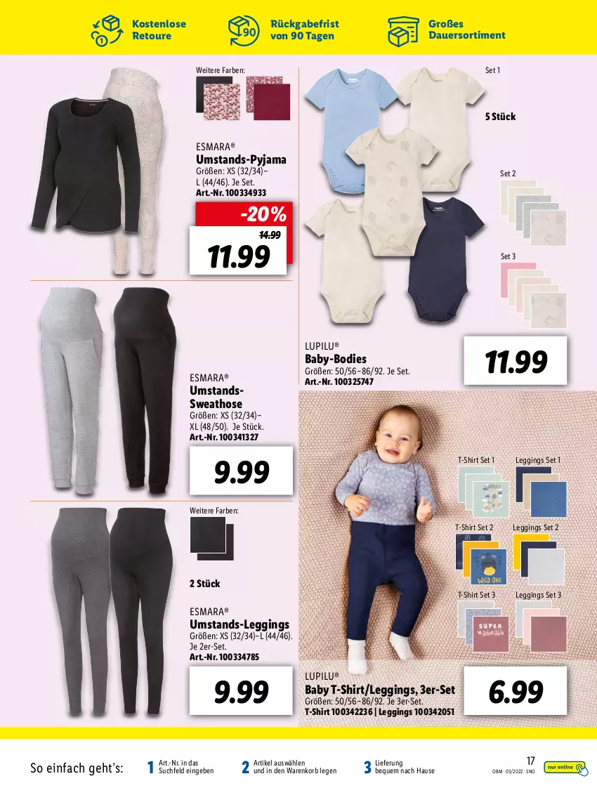 Aktueller Prospekt Lidl - Aktuelle Onlineshop-Highlights - von 01.03 bis 31.03.2022 - strona 17 - produkty: auer, esmara, gin, hose, korb, leggings, lupilu, Pyjama, shirt, Sweathose, T-Shirt, Ti