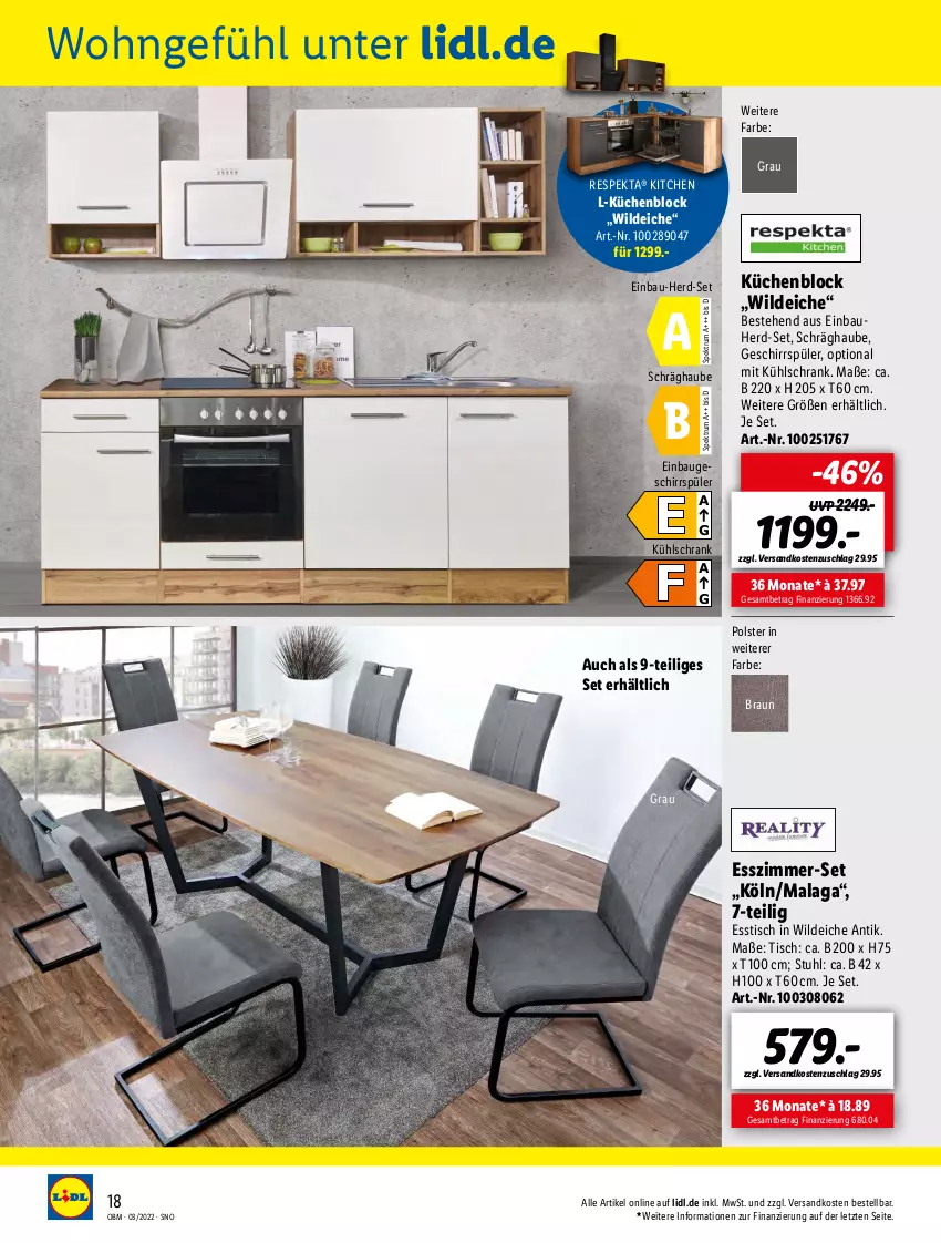 Aktueller Prospekt Lidl - Aktuelle Onlineshop-Highlights - von 01.03 bis 31.03.2022 - strona 18 - produkty: Bau, braun, einbauherd, einbauherd-set, esstisch, Esszimmer, geschirr, geschirrspüler, küche, Küchen, küchenblock, kühlschrank, ndk, respekta, rum, schräghaube, Schrank, Spektrum, stuhl, Ti, tisch, Wild, wildeiche, ZTE