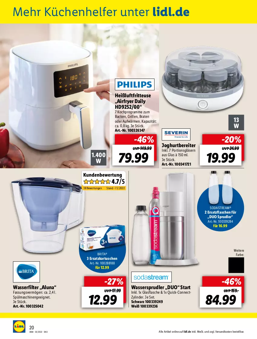 Aktueller Prospekt Lidl - Aktuelle Onlineshop-Highlights - von 01.03 bis 31.03.2022 - strona 20 - produkty: Airfryer, braten, brita, flasche, fritteuse, Gläser, glasflasche, grill, Heißluftfritteuse, HP, joghur, joghurt, küche, Küchen, Küchenhelfer, ndk, Soda, sodastream, spülmaschinen, Ti, wasser, wasserfilter, wassersprudler