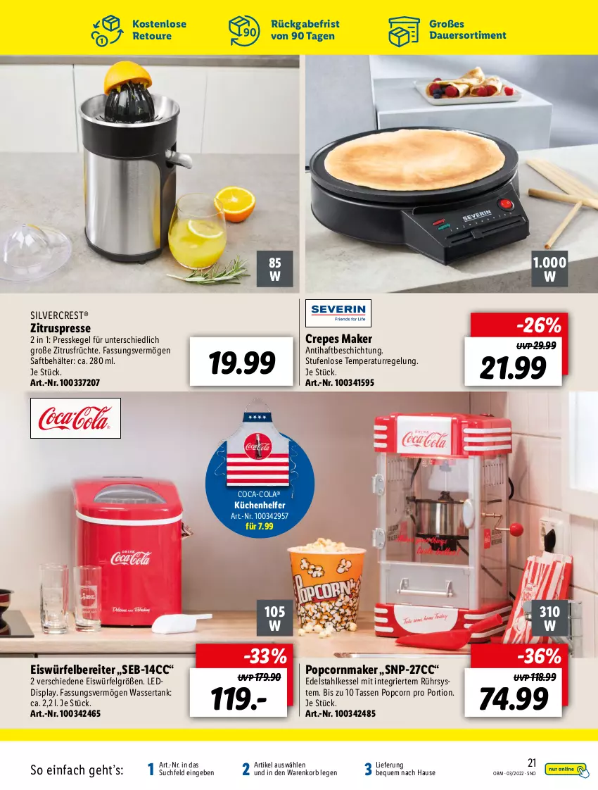 Aktueller Prospekt Lidl - Aktuelle Onlineshop-Highlights - von 01.03 bis 31.03.2022 - strona 21 - produkty: auer, Behälter, coca-cola, cola, edelstahl, eis, eiswürfel, eiswürfelbereiter, früchte, korb, küche, Küchen, Küchenhelfer, LG, popcorn, saft, silvercrest, tasse, Ti, wasser, wassertank, würfel, Zitruspresse