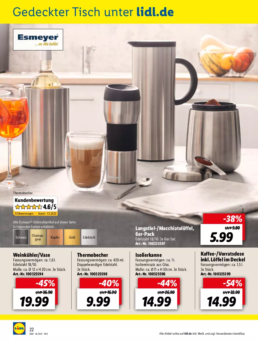 Aktueller Prospekt Lidl - Aktuelle Onlineshop-Highlights - von 01.03 bis 31.03.2022 - strona 22 - produkty: ACC, Becher, champagne, champagner, chia, decke, Deckel, edelstahl, isolierkanne, kaffee, LG, Löffel, mac, macchiato, ndk, Ti, tisch, Vase, wein