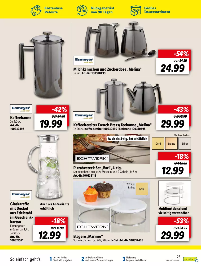 Aktueller Prospekt Lidl - Aktuelle Onlineshop-Highlights - von 01.03 bis 31.03.2022 - strona 23 - produkty: auer, besteck, decke, Deckel, edelstahl, Etagere, gabel, glaskaraffe, kaffee, kaffeebereiter, Karaffe, korb, latte, LG, messer, milch, pizza, Ria, rwe, tee, teekanne, Ti, zucker