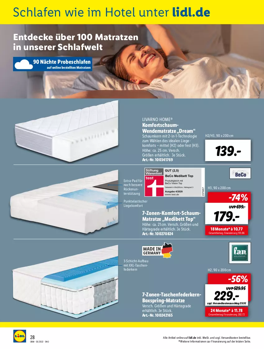 Aktueller Prospekt Lidl - Aktuelle Onlineshop-Highlights - von 01.03 bis 31.03.2022 - strona 28 - produkty: asti, Bau, bett, decke, federkern, Liege, matratze, matratzen, ndk, ring, Schaummatratze, Tasche, taschen, Ti, tisch, wendematratze, ZTE