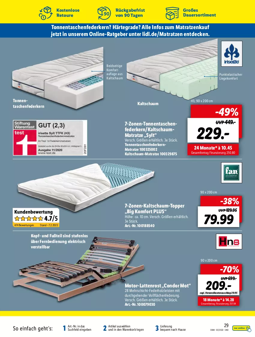 Aktueller Prospekt Lidl - Aktuelle Onlineshop-Highlights - von 01.03 bis 31.03.2022 - strona 29 - produkty: asti, auer, decke, eis, federkern, federkernmatratze, fernbedienung, Holz, kaltschaum-matratze, kaltschaummatratze, kernmatratze, korb, latte, lattenrost, Liege, matratze, matratzen, ndk, Schaummatratze, Tasche, taschen, taschenfederkernmatratze, Ti, tisch, topper