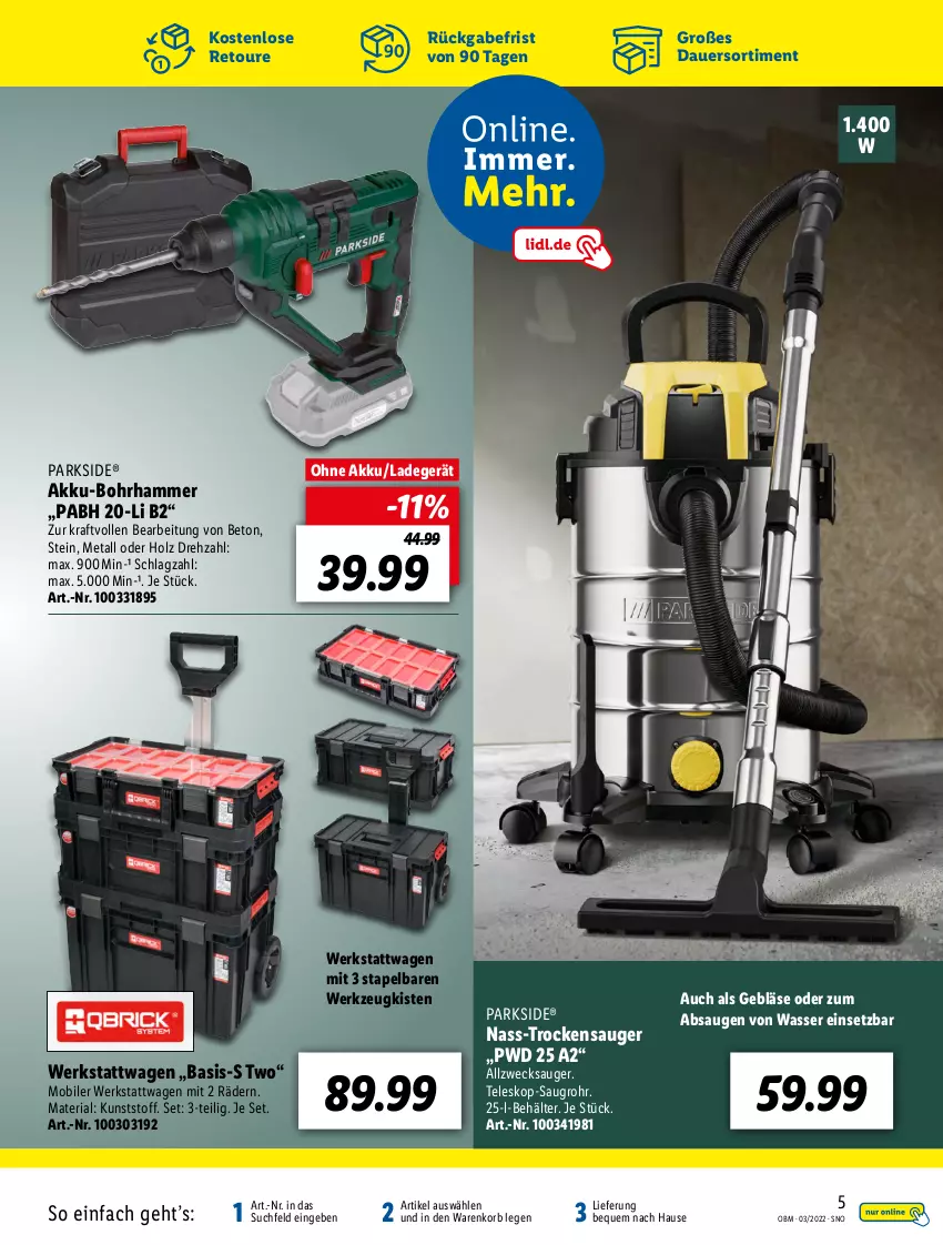 Aktueller Prospekt Lidl - Aktuelle Onlineshop-Highlights - von 01.03 bis 31.03.2022 - strona 5 - produkty: akku, Akku-Bohrhammer, auer, Behälter, Bohrhammer, Holz, korb, kraft, ladegerät, Parkside, Ria, Teleskop, Ti, Trockensauger, wasser, weck, werkzeug