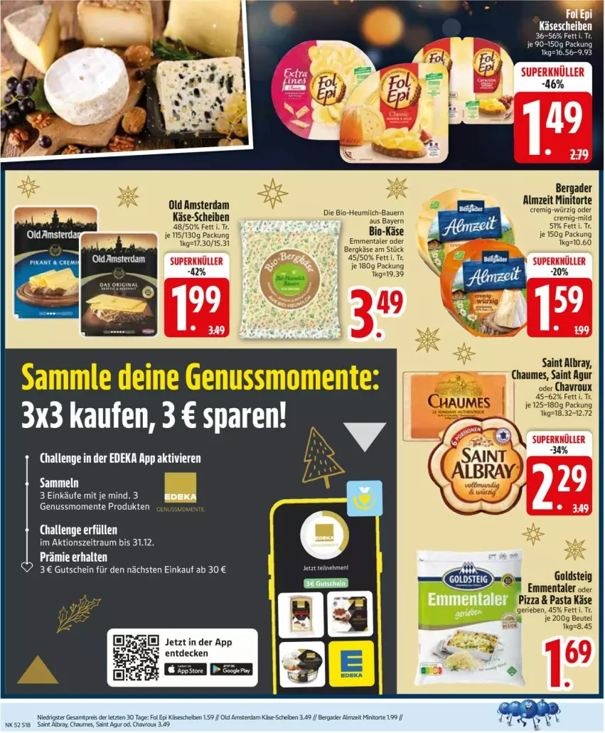 Aktueller Prospekt Edeka - Prospekte - von 22.12 bis 27.12.2025 - strona 20 - produkty: albray, auer, Bau, Bauer, bergader, Bergkäse, beutel, bio, Bio-Käse, chaumes, eis, emmentaler, ente, goldsteig, gutschein, Heu, heumilch, Käse, käsescheiben, milch, nuss, Old Amsterdam, pasta, pizza, reis, saint albray, Ti, torte