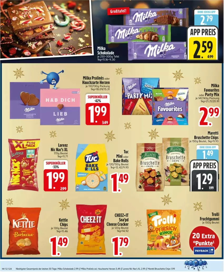 Aktueller Prospekt Edeka - Prospekte - von 22.12 bis 27.12.2025 - strona 26 - produkty: beutel, Bruschette, chips, cracker, deka, eis, frucht, fruchtgummi, milka, reis, Ti, trolli, tuc