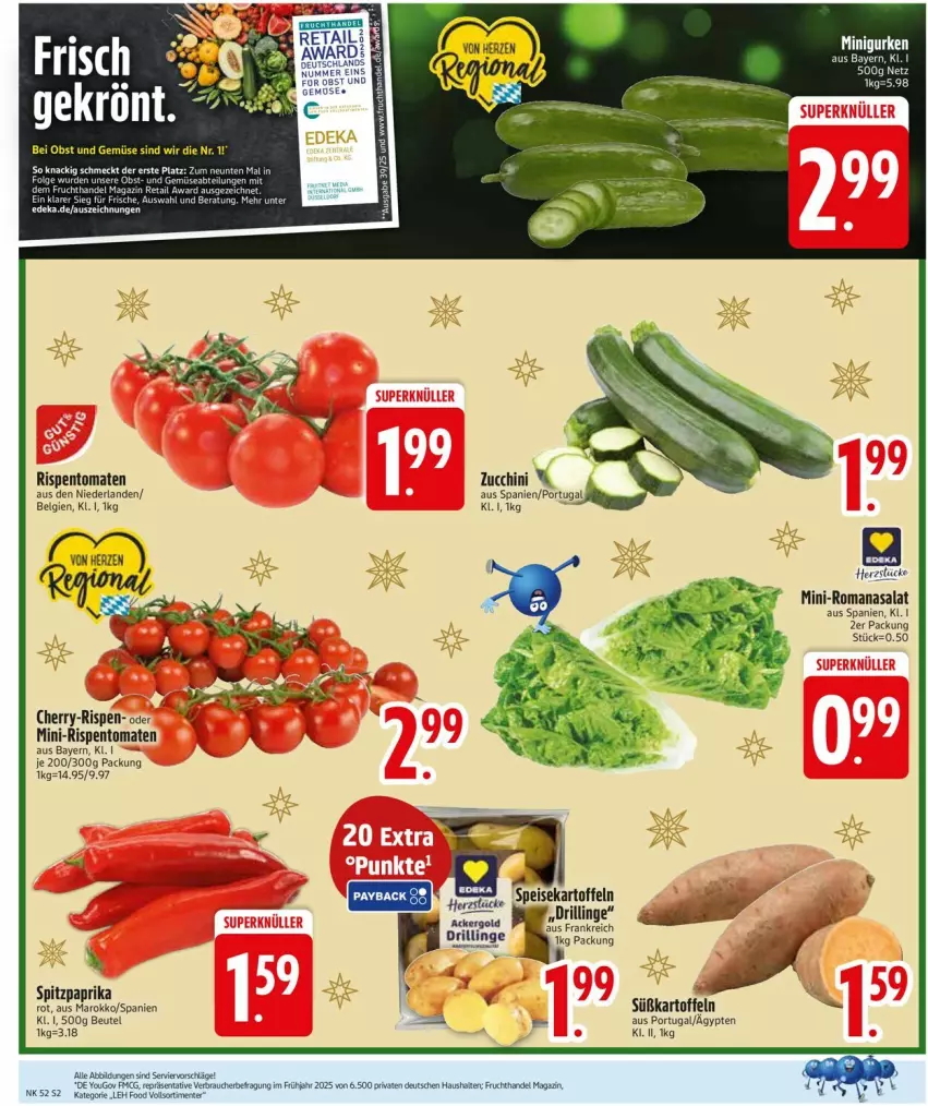 Aktueller Prospekt Edeka - Prospekte - von 22.12 bis 27.12.2025 - strona 4 - produkty: ackergold, beutel, deka, eis, ente, frucht, kartoffel, kartoffeln, LG, mini-rispentomaten, obst, Obst und Gemüse, paprika, paprika rot, rispentomaten, Romanasalat, salat, speisekartoffeln, Spitzpaprika, Süßkartoffeln, tomate, tomaten, und gemüse, zucchini