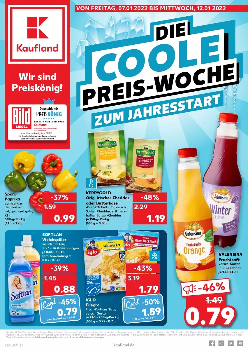 Aktueller Prospekt Kaufland - von 06.01 bis 12.01.2022 - strona 1 - produkty: burger, butter, butterkäse, cheddar, eis, filegro, filet, filets, fisch, frucht, fruchtsaft, iglo, Käse, kerrygold, paprika, Rauch, reis, rum, saft, Softlan, Ti, valensina, weichspüler