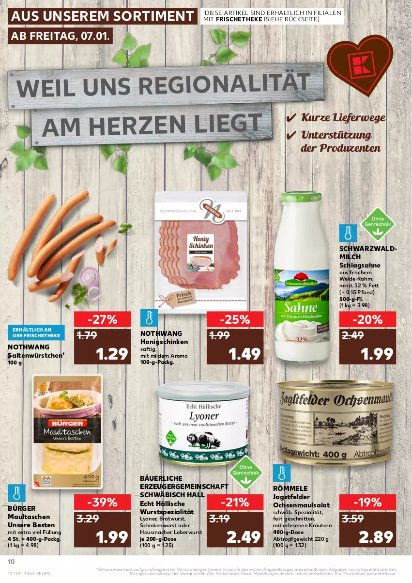 Aktueller Prospekt Kaufland - von 06.01 bis 12.01.2022 - strona 10 - produkty: angebot, bratwurst, ente, Hausmacher, honig, kräuter, kräutern, leberwurst, lyoner, mac, maultaschen, milch, rwe, saft, sahne, salat, schinken, schinkenwurst, schlagsahne, schnitten, Spezi, Tasche, taschen, Ti, wurst, würstchen, Yo, ZTE