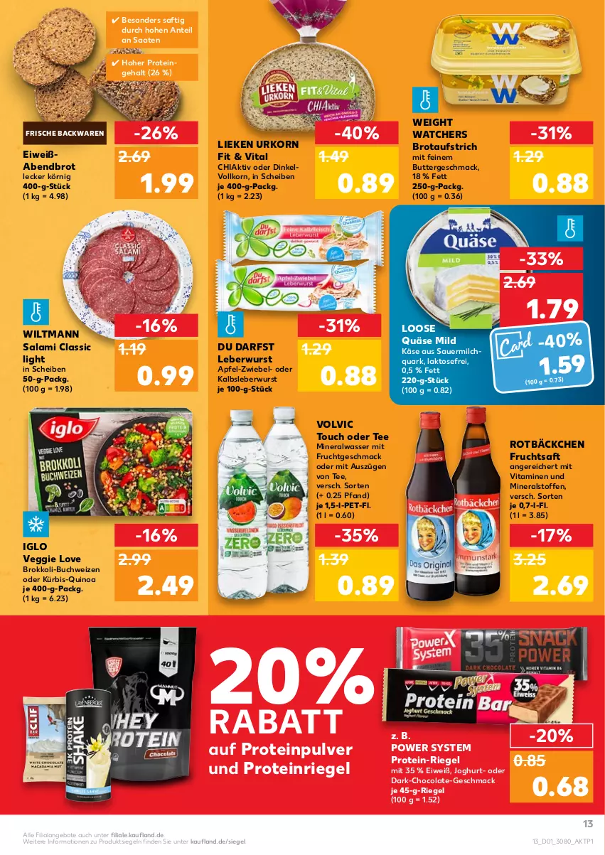 Aktueller Prospekt Kaufland - von 06.01 bis 12.01.2022 - strona 13 - produkty: Alwa, angebot, angebote, apfel, auer, aufstrich, backwaren, brokkoli, brot, brotaufstrich, buch, butter, chia, cola, frische backwaren, frucht, fruchtsaft, iglo, joghur, joghurt, Kalbsleber, Kalbsleberwurst, Käse, korn, Kürbis, leberwurst, lieken, Loose, mac, milch, mineralwasser, mit frucht, quark, quäse, quinoa, riegel, saft, salami, tee, Ti, urkorn, veggie, Veggie Love, vita, Vitamine, volvic, wasser, wiltmann, wurst, zwiebel