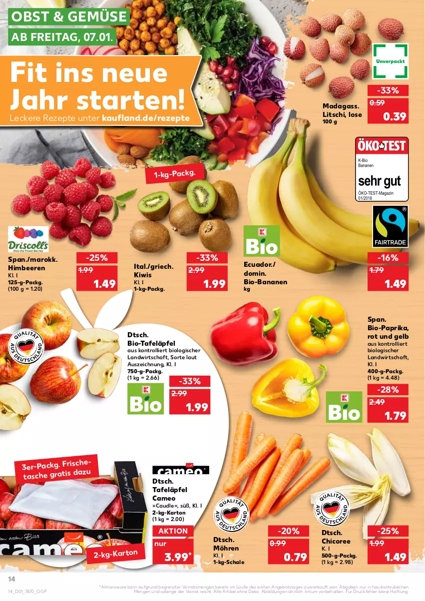 Aktueller Prospekt Kaufland - von 06.01 bis 12.01.2022 - strona 14 - produkty: angebot, apfel, banane, bananen, beere, beeren, bio, bio-bananen, Bio-Paprika, himbeer, himbeere, himbeeren, kiwi, möhren, obst, paprika, rezept, rezepte, Schal, Schale, tafeläpfel, Tasche, Ti, trolli, ZTE