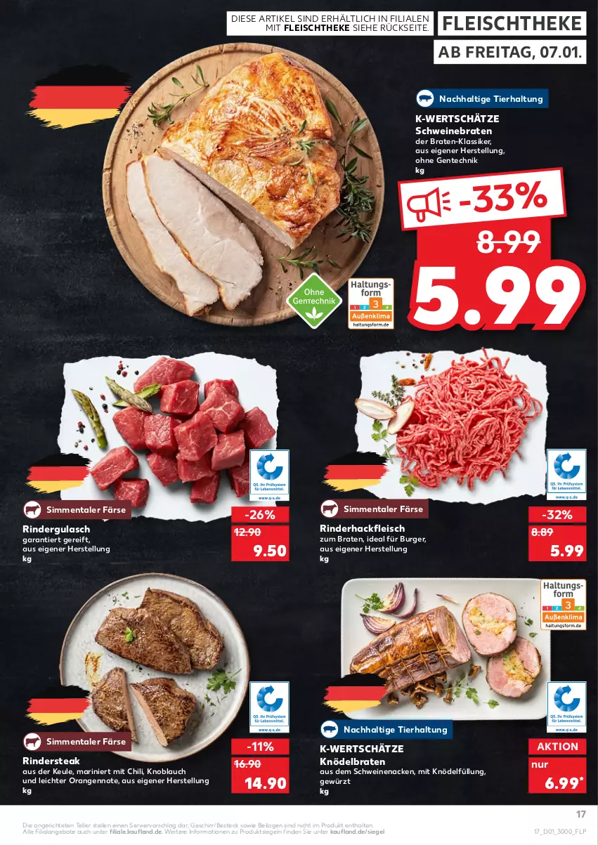 Aktueller Prospekt Kaufland - von 06.01 bis 12.01.2022 - strona 17 - produkty: angebot, angebote, besteck, braten, burger, chili, eis, elle, ente, fleisch, geschirr, gewürz, gulasch, hackfleisch, ilag, knoblauch, Knödel, orange, orangen, rind, rinder, rindergulasch, rinderhackfleisch, Rindersteak, schwein, schweine, schweinebraten, schweinenacken, sim, steak, teller, Ti, wein, weine