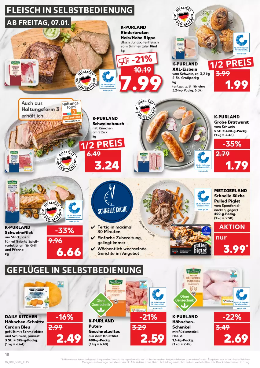 Aktueller Prospekt Kaufland - von 06.01 bis 12.01.2022 - strona 18 - produkty: angebot, Bau, braten, bratwurst, brustfilet, cordon bleu, eis, elle, filet, fleisch, fleisch in selbstbedienung, für grill und pfanne, Geflügel, geschnetzeltes, grill, grill und pfanne, grobe bratwurst, hähnchenschenkel, henkel, jungbullen, Käse, küche, pfanne, purland, pute, Putengeschnetzeltes, reis, Ria, rind, rinder, rinderbraten, schenkel, schinken, Schmelzkäse, schwein, schweine, Schweinebauch, schweinefilet, sim, Ti, und pfanne, wein, weine, wurst, Zelt, ZTE