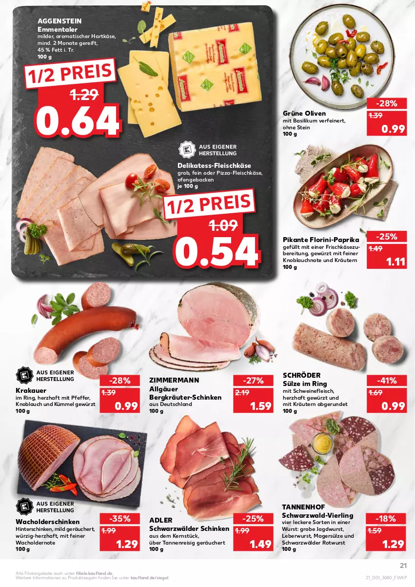 Aktueller Prospekt Kaufland - von 06.01 bis 12.01.2022 - strona 21 - produkty: angebot, angebote, auer, basilikum, eis, emmentaler, fleisch, fleischkäse, frischkäse, frischkäsezubereitung, geback, gewürz, grüne oliven, hartkäse, hinterschinken, jagdwurst, Käse, knoblauch, krakauer, kräuter, kräutern, leberwurst, LG, Ofen, olive, oliven, paprika, pfeffer, pizza, reis, ring, Rotwurst, schinken, schwarzwälder schinken, schwein, schweine, schweinefleisch, Ti, tisch, wein, weine, wurst