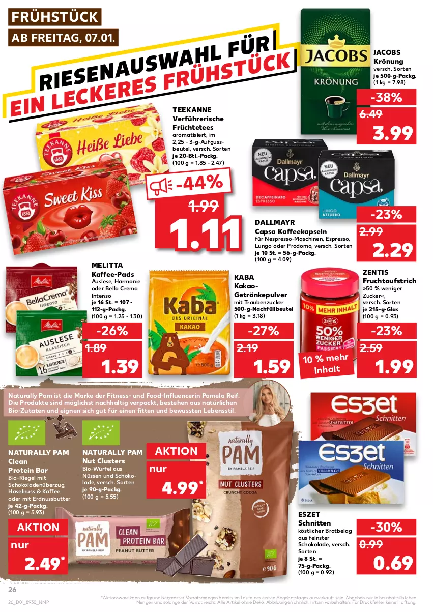 Aktueller Prospekt Kaufland - von 06.01 bis 12.01.2022 - strona 26 - produkty: angebot, aufstrich, bella crema, beutel, bio, brot, butter, Cap, dallmayr, dallmayr capsa, erdnuss, Erdnussbutter, espresso, frucht, fruchtaufstrich, früchte, Früchtetee, getränk, getränke, getränkepulver, haselnuss, intenso, jacobs, jacobs krönung, kaffee, kaffee-pads, kaffeekapseln, kakao, lungo, melitta, natur, natura, nespresso, nuss, prodomo, riegel, schnitten, schoko, schokolade, schokoladen, tee, teekanne, Ti, trauben, würfel, zentis, ZTE, zucker