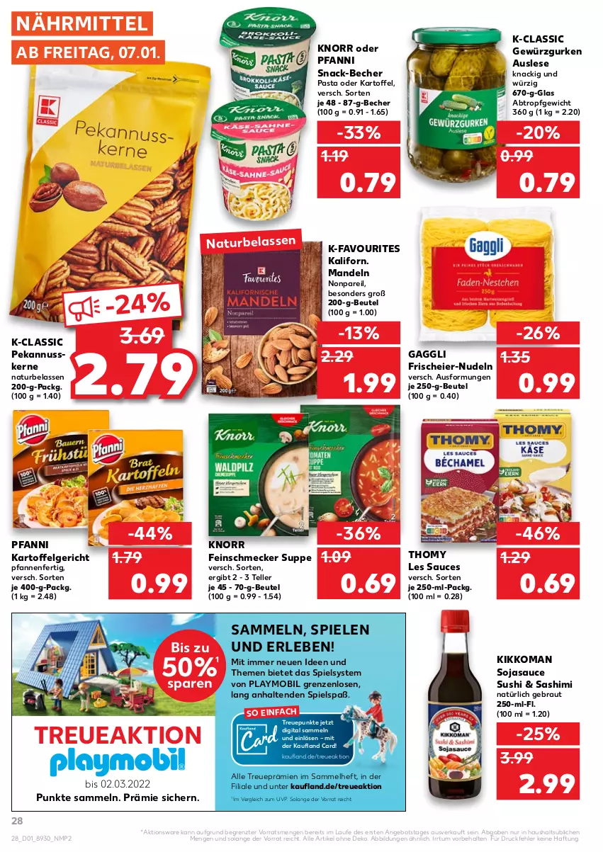 Aktueller Prospekt Kaufland - von 06.01 bis 12.01.2022 - strona 28 - produkty: angebot, Becher, beutel, eier, elle, feinschmecker, gaggli, gewürz, Gewürzgurke, gewürzgurken, gurke, gurken, kartoffel, kikkoman, knorr, LG, mandel, mandeln, natur, nudel, nudeln, nuss, pasta, pfanne, pfannen, pfanni, playmobil, sauce, snack, soja, sojasauce, Spiele, suppe, Sushi, teller, thomy, thomy les sauces, Ti, ZTE