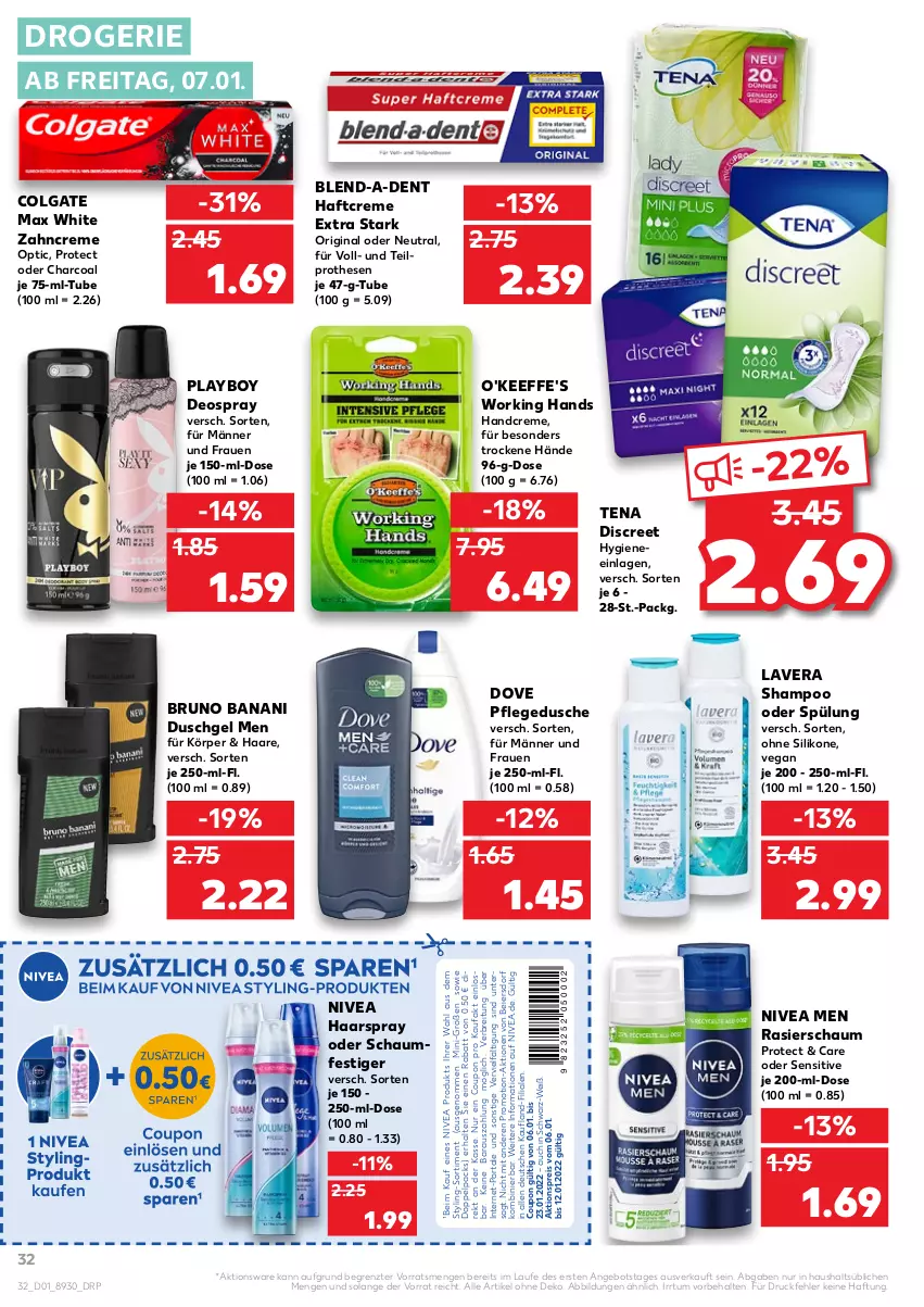 Aktueller Prospekt Kaufland - von 06.01 bis 12.01.2022 - strona 32 - produkty: aktionspreis, angebot, Brei, bruno banani, colgate, coupon, creme, deo, deospray, Discreet, dove, dusche, duschgel, eier, eis, gin, haarspray, Haftcreme, handcreme, lavera, LG, Max White, nivea, Nivea Men, oder schaumfestiger, pflegedusche, Playboy, Rasierschaum, reis, schaumfestiger, shampoo, shampoo oder spülung, spülung, Ti, zahncreme, ZTE