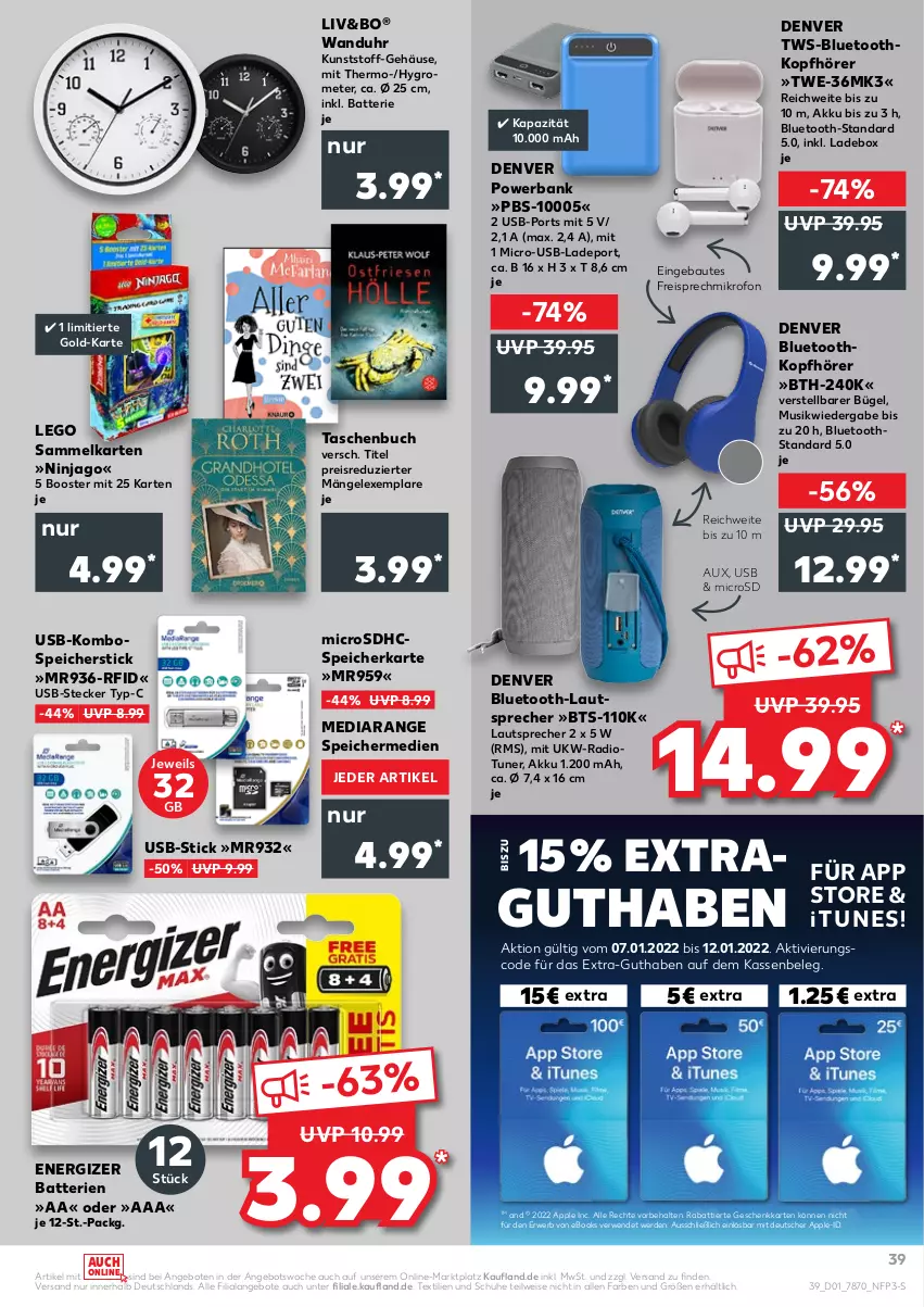 Aktueller Prospekt Kaufland - von 06.01 bis 12.01.2022 - strona 39 - produkty: akku, angebot, angebote, Apple, Bank, batterie, batterien, Bau, bluetooth-lautsprecher, buch, bügel, eis, energizer, erde, Grom, Hygrometer, kopfhörer, lautsprecher, microsd, microsdhc, ninjago, powerbank, Radio, reis, rwe, schuhe, speicherkarte, Tasche, taschen, Taschenbuch, Ti, tuner, uhr, usb, wanduhr