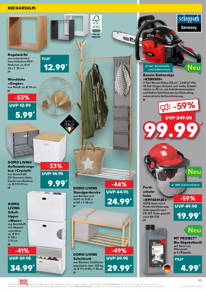 Aktueller Prospekt Kaufland - von 06.01 bis 12.01.2022 - strona 43 - produkty: angebot, angebote, aufbewahrungsbox, auto, bambus, Bank, bio, Brille, decke, Deckel, eis, flasche, Garderobe, gin, Kette, pflanze, pflanzen, Pflanzenöl, regal, Ria, säge, schuhe, Schutzbrille, Schütze, Ti, tisch, Wanddeko, würfel