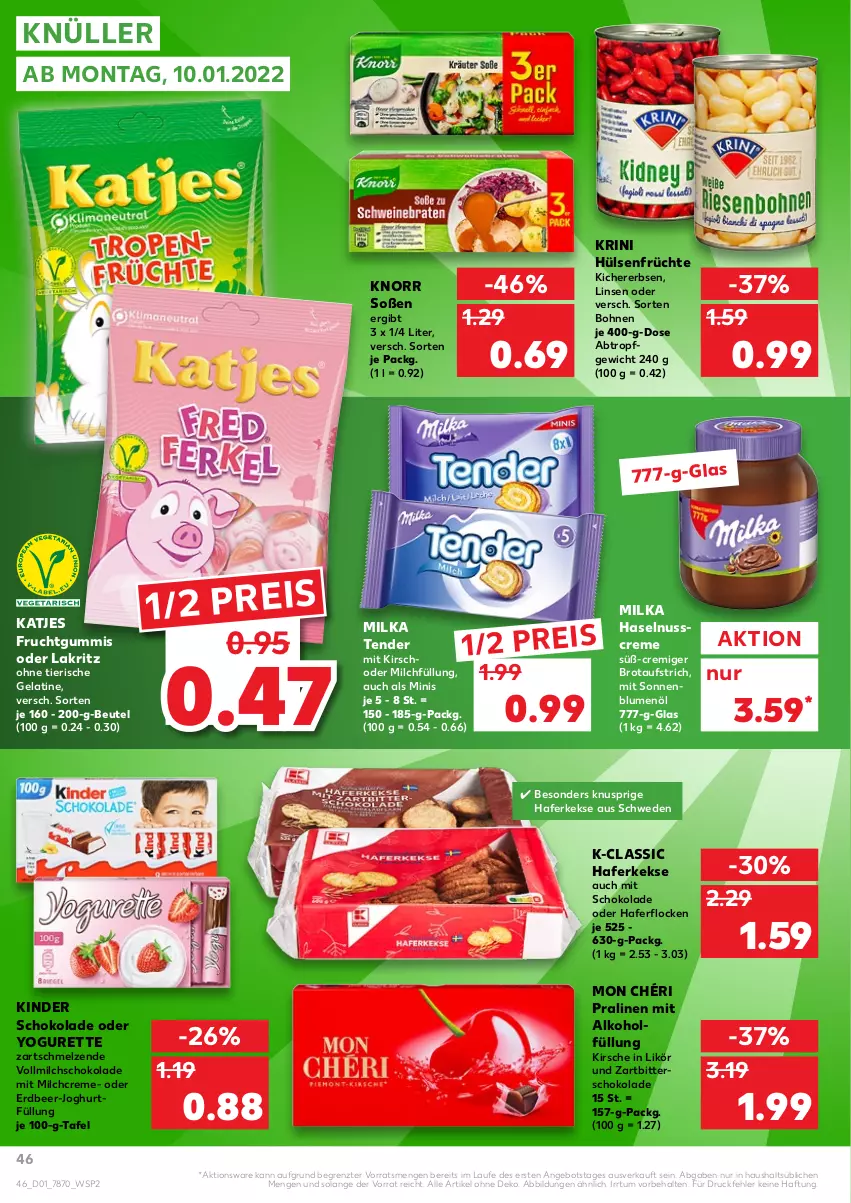 Aktueller Prospekt Kaufland - von 06.01 bis 12.01.2022 - strona 46 - produkty: alkohol, angebot, aufstrich, beutel, blume, blumen, blumenöl, bohne, bohnen, brot, brotaufstrich, creme, eis, erbsen, frucht, früchte, fruchtgummi, fruchtgummis, gelatine, hafer, haferflocken, haselnuss, Haselnusscreme, hülsenfrüchte, joghur, joghurt, katjes, keks, kekse, kichererbsen, Kinder, kinder schokolade, kirsch, kirsche, knorr, Lakritz, likör, linsen, milch, milka, Mon Chéri, nuss, oder lakritz, oder yogurette, pralinen, reis, schoko, schokolade, senf, sonnenblume, sonnenblumen, sonnenblumenöl, Soße, tender, Ti, vollmilch, Yo, yogurette, Zartbitterschokolade, ZTE