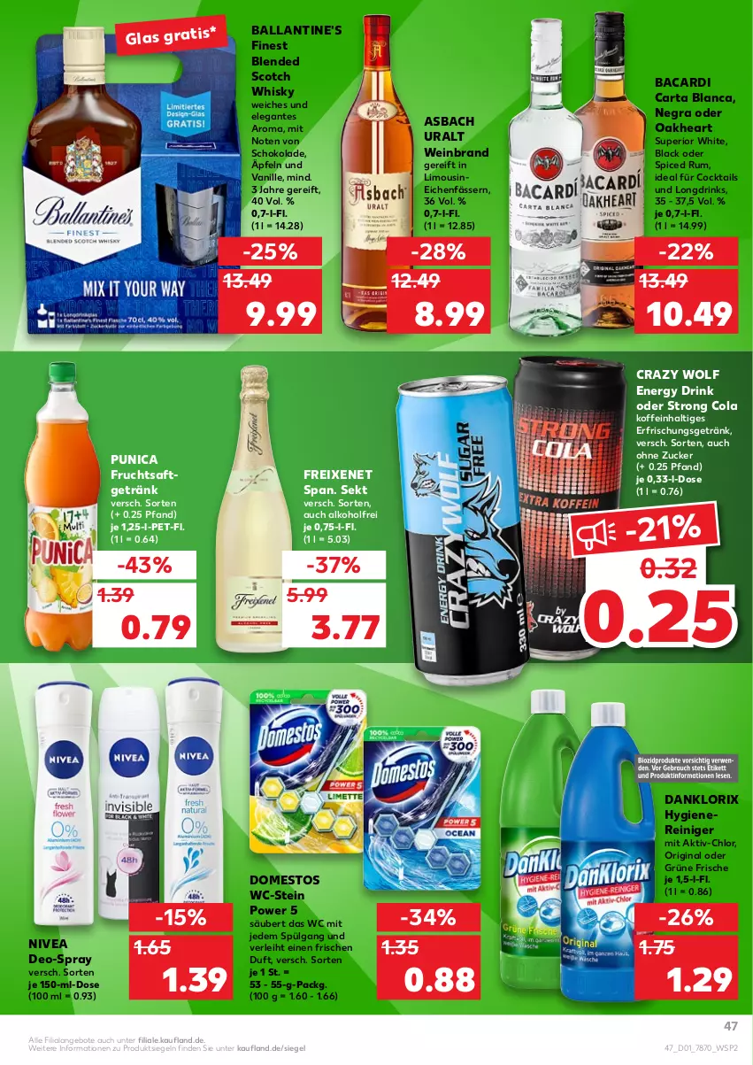 Aktueller Prospekt Kaufland - von 06.01 bis 12.01.2022 - strona 47 - produkty: alkohol, angebot, angebote, asbach uralt, bacardi, ball, Ballantine's, blended scotch, blended scotch whisky, cocktail, cocktails, cola, danklorix, deo, domestos, drink, drinks, energy drink, erfrischungsgetränk, freixenet, frucht, fruchtsaft, fruchtsaftgetränk, getränk, gin, lack, LG, limo, nivea, oakheart, punica, reiniger, rum, saft, schoko, schokolade, scotch, scotch whisky, sekt, Ti, vanille, wein, weinbrand, whisky, zucker