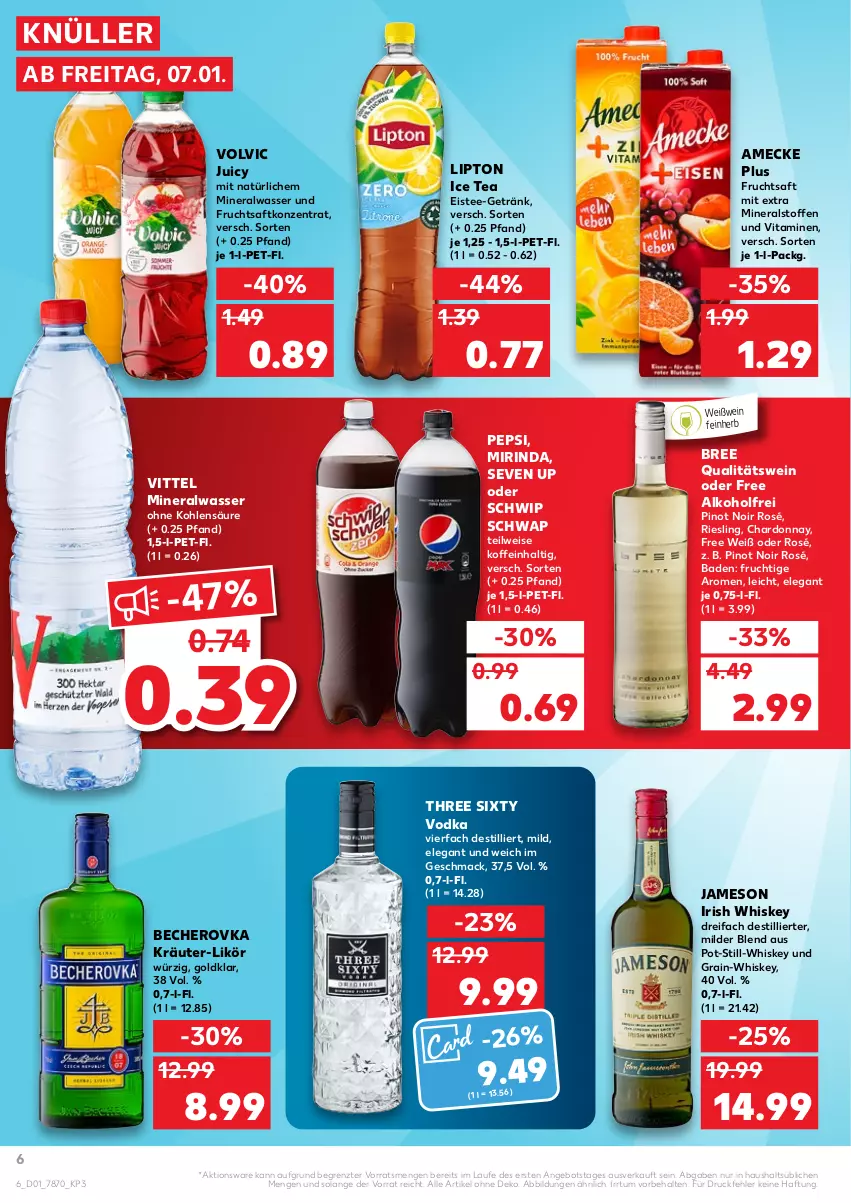 Aktueller Prospekt Kaufland - von 06.01 bis 12.01.2022 - strona 6 - produkty: alkohol, Alwa, amecke, angebot, Bad, Becher, Becherovka, bree, chardonnay, eis, eistee, frucht, fruchtsaft, getränk, hero, ice tea, irish whiskey, jameson, kräuter, likör, lipton, lipton ice tea, mac, mineralwasser, Mirinda, pepsi, Pinot, pinot noir, qualitätswein, riesling, rind, saft, Schwip Schwap, tee, Three Sixty, Ti, vita, Vitamine, vittel, vodka, volvic, wasser, wein, Weißwein, whiskey, ZTE