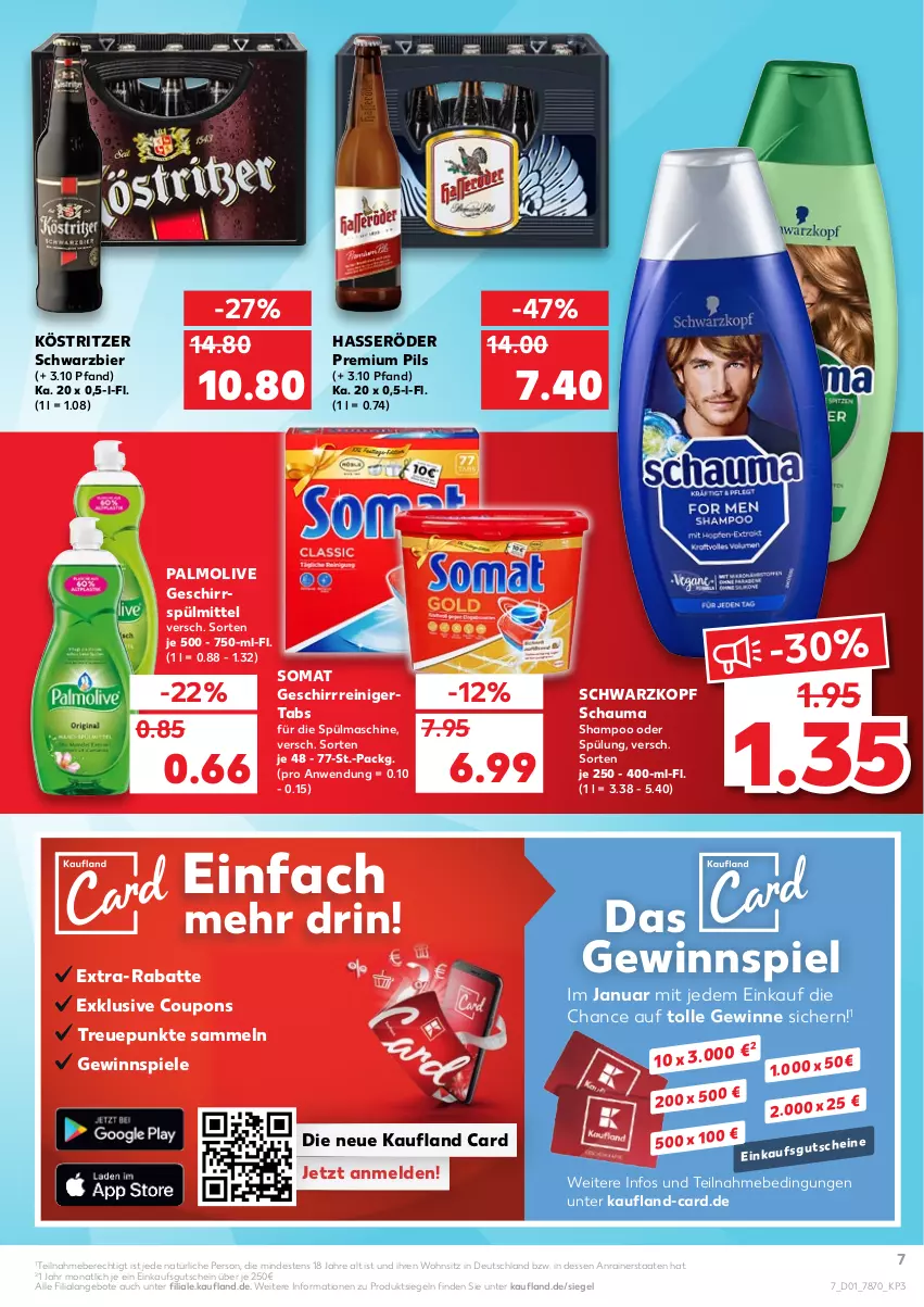 Aktueller Prospekt Kaufland - von 06.01 bis 12.01.2022 - strona 7 - produkty: angebot, angebote, bier, coupon, coupons, geschirr, geschirrspülmittel, gewinnspiel, gutschein, hasseröder, köstritzer, olive, palmolive, pils, premium pils, reiniger, schauma, schwarzkop, schwarzkopf, shampoo, shampoo oder spülung, somat, Spiele, spülmittel, spülung, Ti