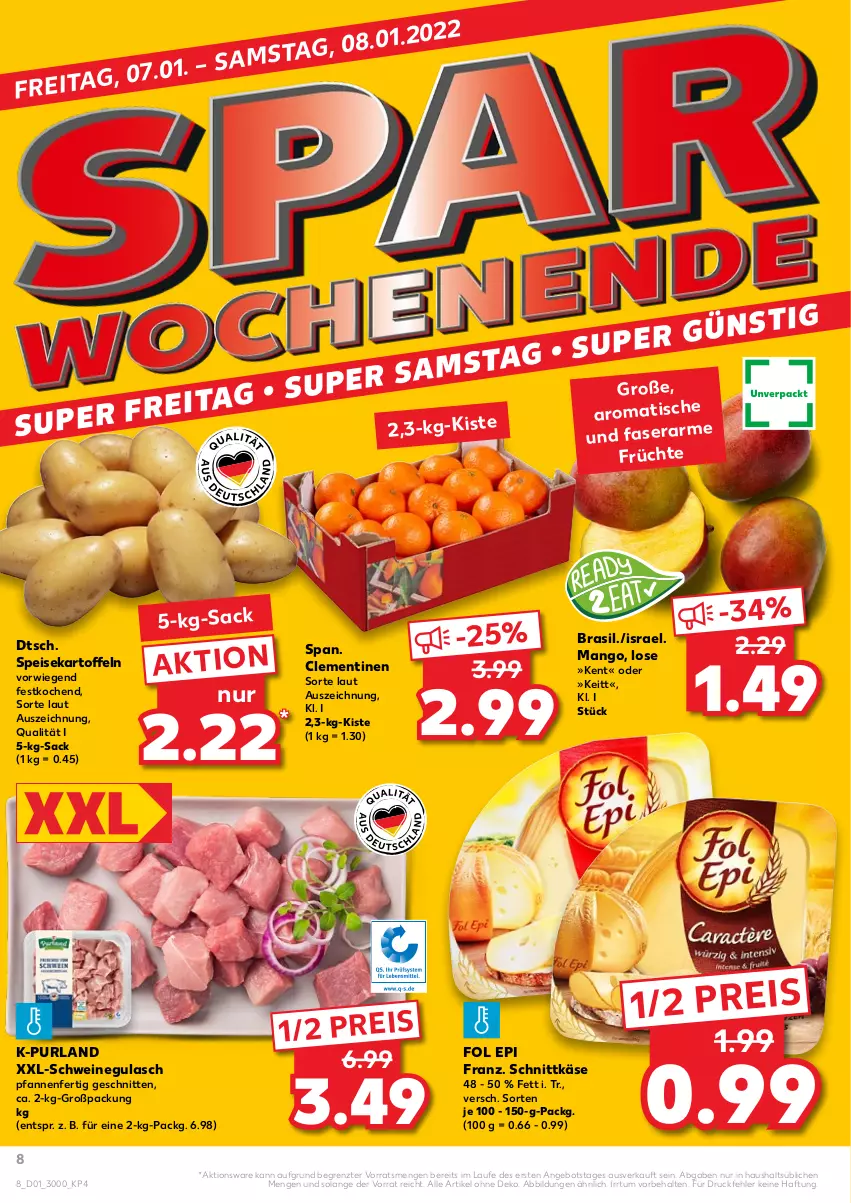 Aktueller Prospekt Kaufland - von 06.01 bis 12.01.2022 - strona 8 - produkty: angebot, clementinen, eis, fol epi, früchte, gulasch, kartoffel, kartoffeln, Käse, mango, pfanne, pfannen, purland, reis, sac, schnitten, schnittkäse, schwein, schweine, schweinegulasch, speisekartoffeln, Ti, tisch, wein, weine, ZTE