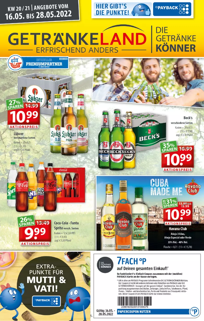 Aktueller Prospekt Getraenkeland - von 16.05 bis 28.05.2022 - strona 1 - produkty: angebot, angebote, coca-cola, cola, coupon, erde, fanta, flasche, getränk, getränke, Havana Club, LG, Lübzer, papier, payback, sprite, telefon, Ti