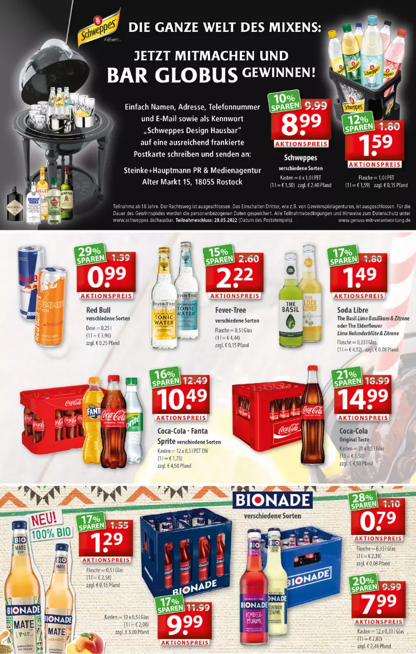 Aktueller Prospekt Getraenkeland - von 16.05 bis 28.05.2022 - strona 8 - produkty: auer, basilikum, Blüte, coca-cola, cola, eis, erde, fanta, fever-tree, flasche, gewinnspiel, gin, holunder, holunderblüte, limo, mac, natur, nuss, red bull, ritter, Schal, schweppes, Soda, sprite, telefon, usb, zitrone