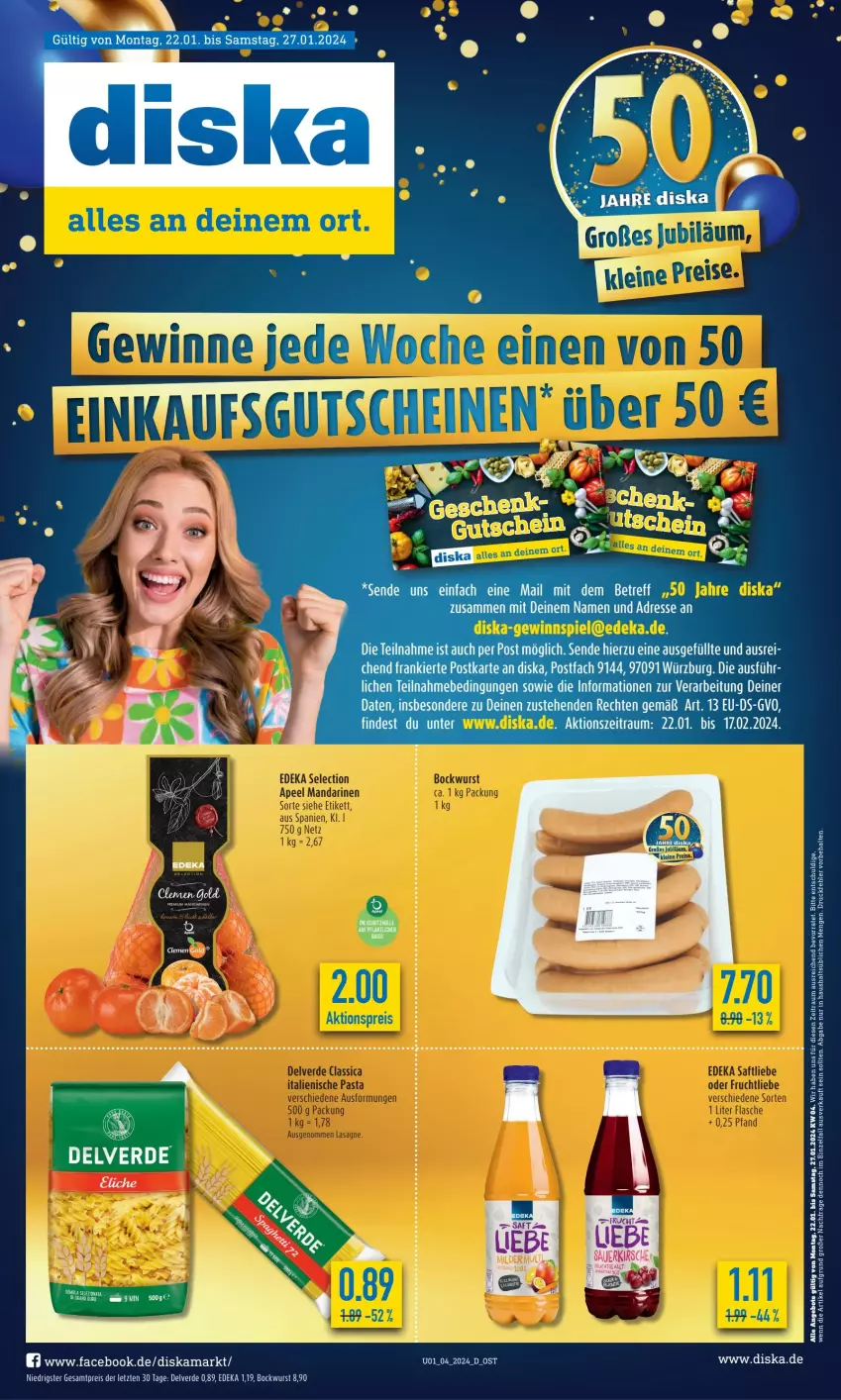 Aktueller Prospekt Diska - Prospekte - von 22.01 bis 27.01.2024 - strona 1 - produkty: angebot, angebote, bockwurst, deka, eier, eis, erde, frucht, mandarine, mandarinen, reis, tee, Ti, wurst, ZTE