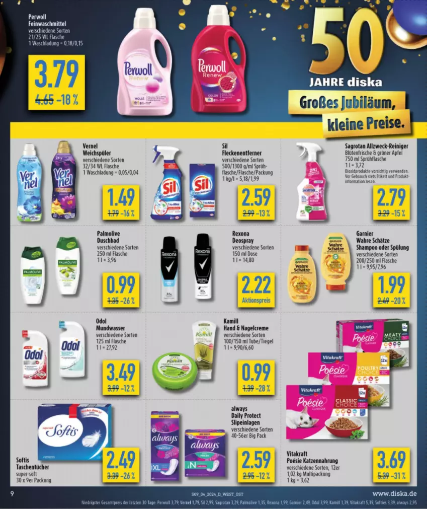 Aktueller Prospekt Diska - Prospekte - von 22.01 bis 27.01.2024 - strona 11 - produkty: aktionspreis, Alwa, Always, apfel, Bad, Blüte, creme, deo, deospray, duschbad, eis, feinwaschmittel, flasche, garnier, Kamill, katzennahrung, kraft, leine, mundwasser, Odol, olive, palmolive, perwoll, Rauch, reiniger, reis, rexona, rwe, sagrotan, shampoo, shampoo oder spülung, slip, slipeinlagen, sprühflasche, spülung, Tasche, taschen, taschentücher, Ti, tücher, vernel, vita, vitakraft, Wahre Schätze, waschmittel, wasser, weichspüler