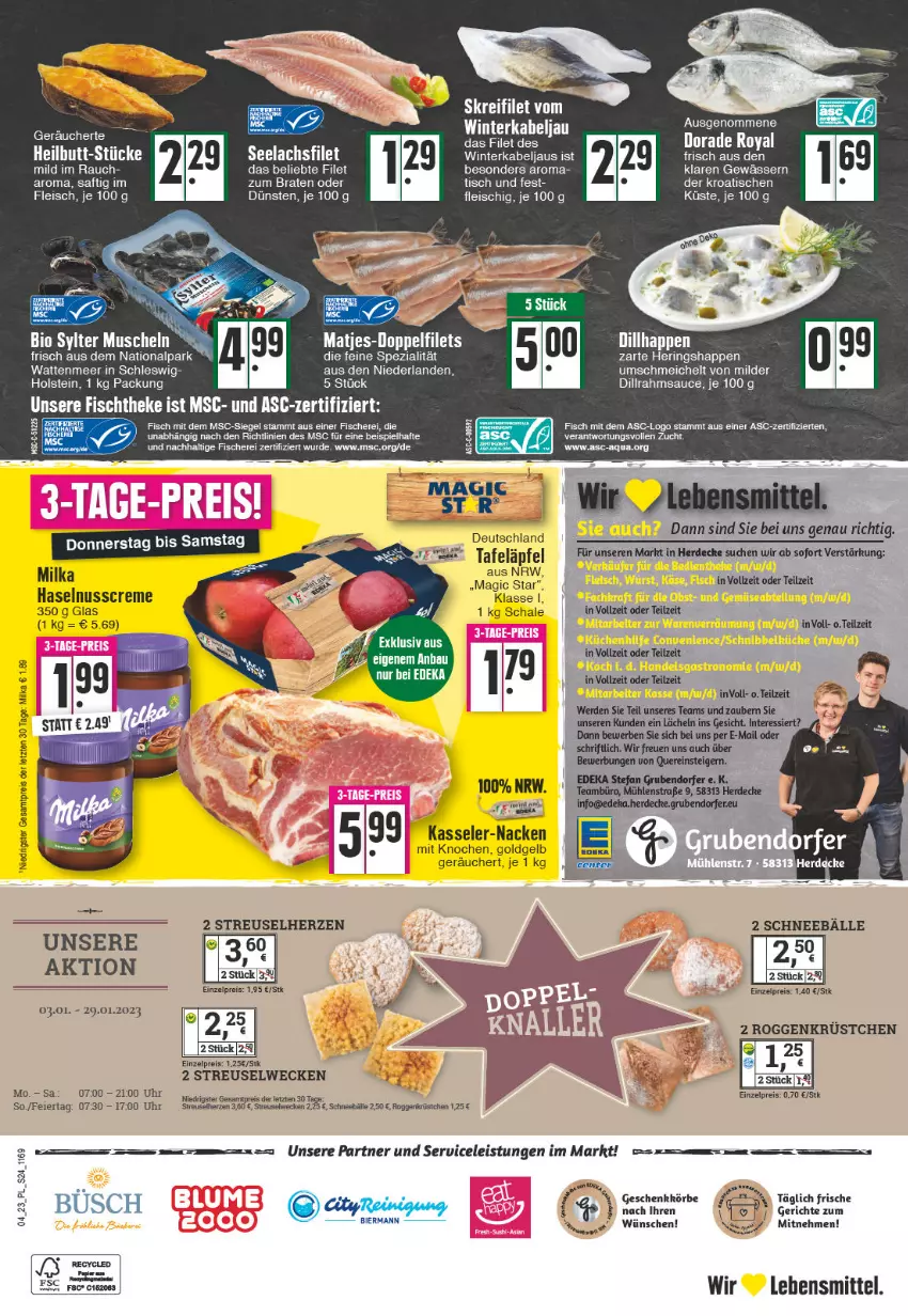 Aktueller Prospekt E Center - Angebote der Woche - von 23.01 bis 28.01.2023 - strona 24 - produkty: braten, creme, decke, Dorade, eier, eis, erde, filet, filets, fisch, fische, Fischer, fischtheke, fleisch, haselnuss, Haselnusscreme, hering, Herings, Heringshappen, kasseler, lachs, lachsfilet, lebensmittel, matjes, milka, nuss, Rauch, Reinigung, reis, ring, saft, sauce, Schal, Schale, Schere, Schneebälle, seelachsfilet, Spezi, tafeläpfel, Ti, tisch, uhr, weck, ZTE