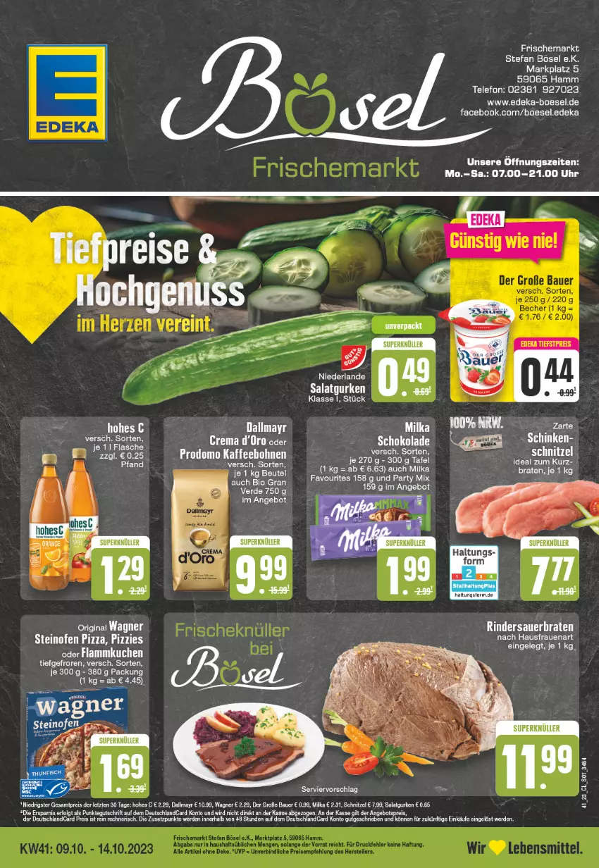 Aktueller Prospekt Edeka - Angebote der Woche - von 09.10 bis 14.10.2023 - strona 1 - produkty: angebot, angebotspreis, auer, Bau, Bauer, bio, dallmayr, deka, deutschlandcard, eis, elle, erde, flammkuchen, flasche, gurke, gurken, Hohes C, kuchen, lamm, LG, milka, Ofen, pizza, reis, salat, Salatgurke, salatgurken, schnitzel, schoko, schokolade, steinofen, steinofen pizza, telefon, Ti, uhr, wagner, ZTE