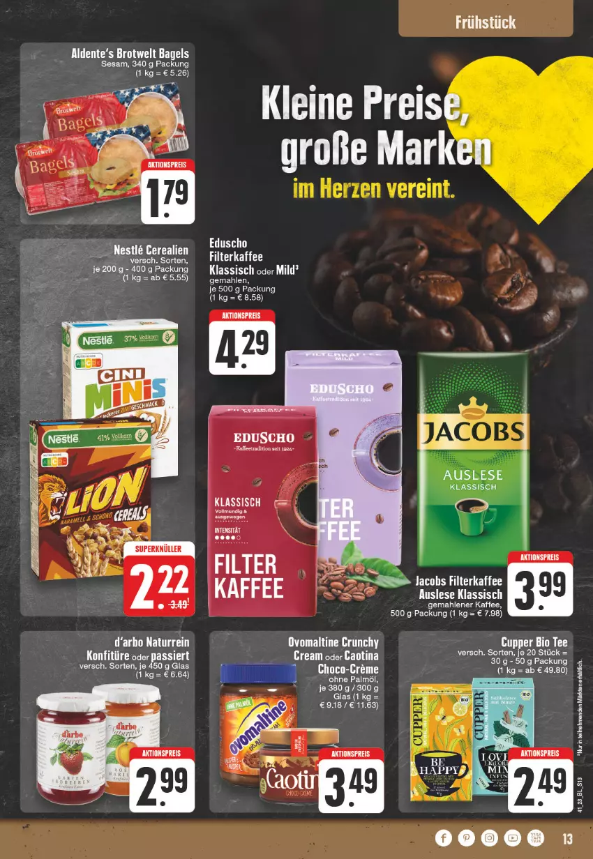 Aktueller Prospekt Edeka - Angebote der Woche - von 09.10 bis 14.10.2023 - strona 13 - produkty: aktionspreis, Bagel, brot, creme, eduscho, eis, ente, kaffee, leine, LG, natur, ohne palmöl, ovomaltine, reis, sesam, Ti