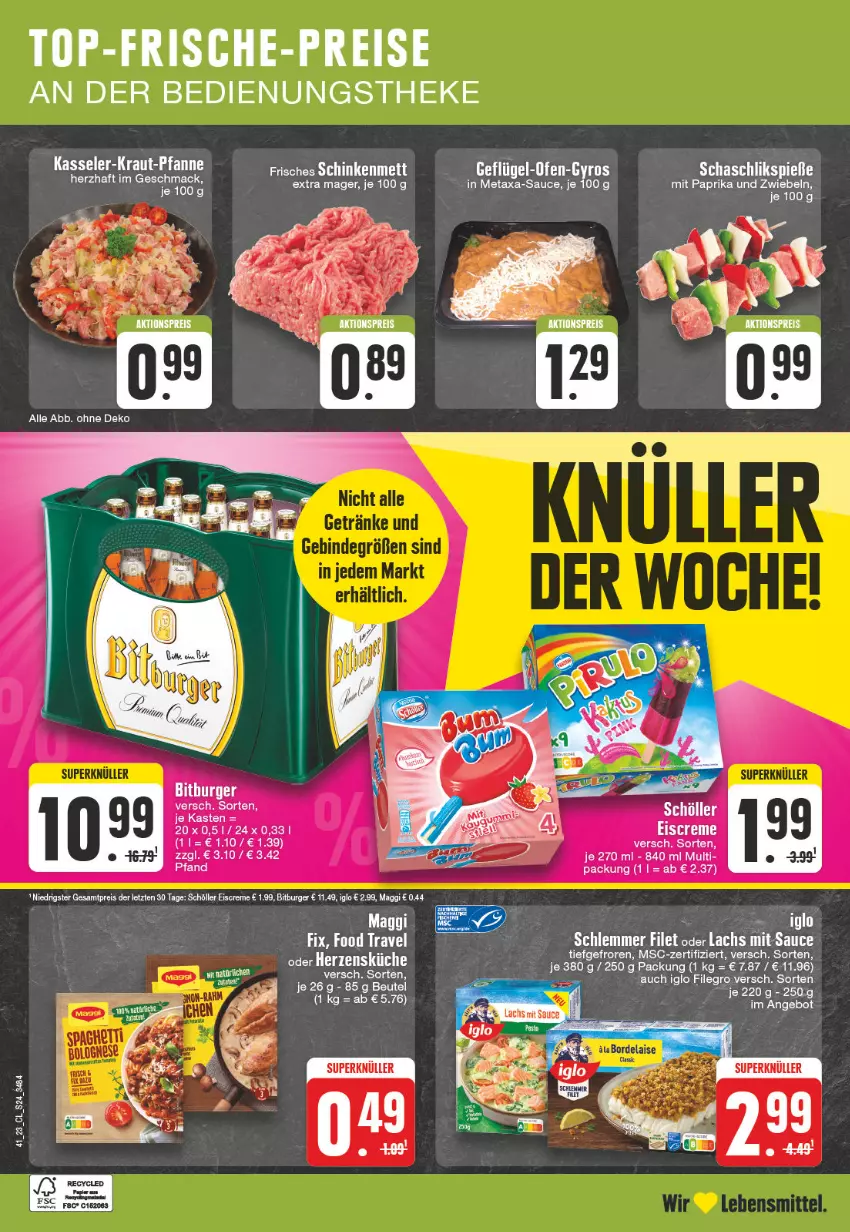 Aktueller Prospekt Edeka - Angebote der Woche - von 09.10 bis 14.10.2023 - strona 24 - produkty: aktionspreis, angebot, beutel, bitburger, burger, creme, eis, eiscreme, filegro, filet, iglo, küche, lachs, LG, mac, maggi, Metaxa, Mett, mit paprika, paprika, reis, sauce, Schöller, Ti, ZTE, zwiebel, zwiebeln