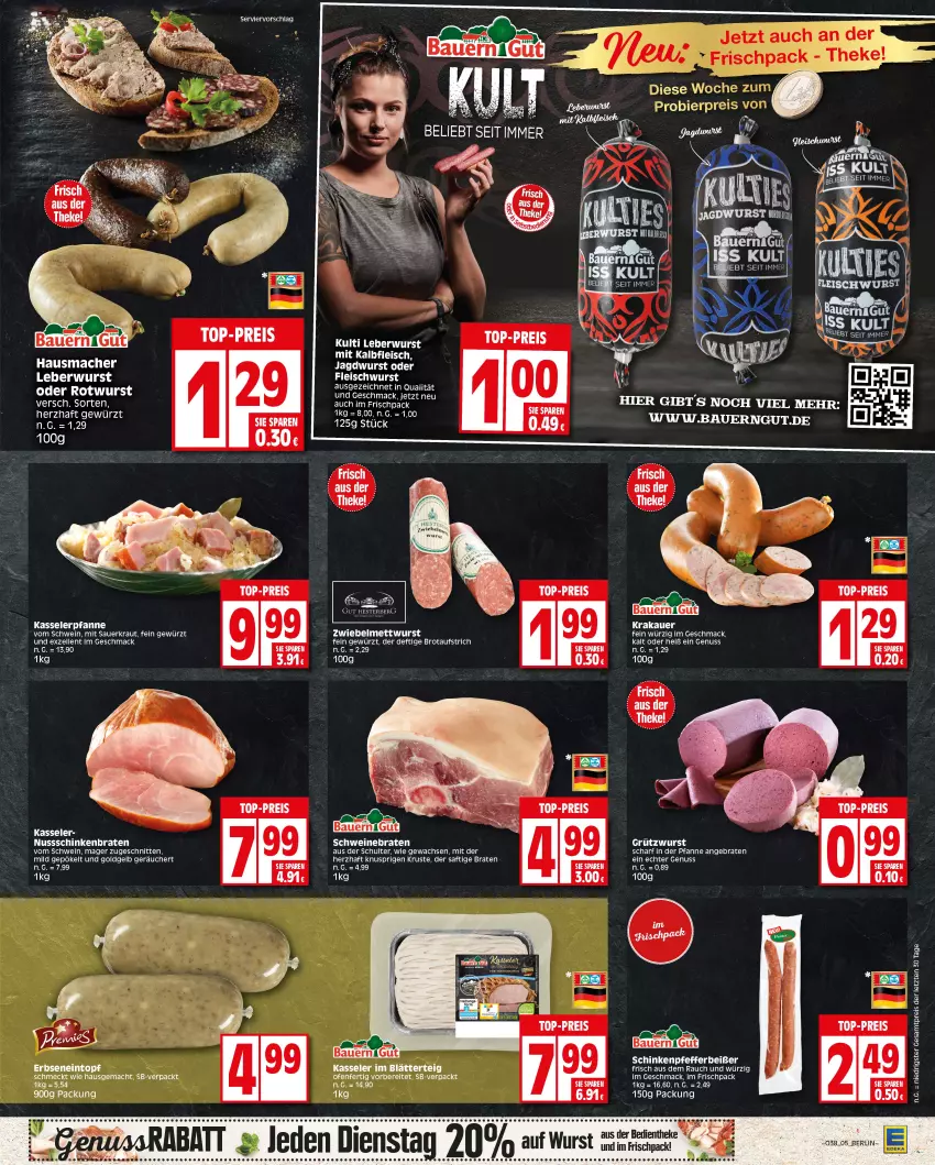 Aktueller Prospekt Edeka - Angebote der Woche - von 18.09 bis 23.09.2023 - strona 5 - produkty: auer, aufstrich, Bau, Bauer, bauerngut, blätterteig, braten, brot, brotaufstrich, eintopf, eis, elle, erbsen, fleisch, fleischwurst, gewürz, Hausmacher, HP, Kalbfleisch, kasseler, krakauer, Kraut, leberwurst, mac, Mett, mettwurst, mit kalbfleisch, nuss, Ofen, pfanne, pfeffer, Pfefferbeißer, Rauch, reis, rel, Rotwurst, saft, Sauerkraut, schinken, schinkenbraten, schnitten, schwein, schweine, schweinebraten, Ti, top-preis, topf, wein, weine, wurst, ZTE, zwiebel, zwiebelmettwurst