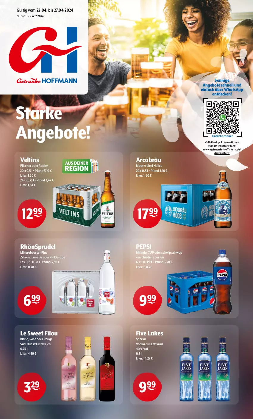 Aktueller Prospekt Getraenke Hoffmann - Prospekte - von 22.04 bis 27.04.2024 - strona 1 - produkty: 7UP, Alwa, angebot, angebote, decke, elle, limette, Mett, mineralwasser, Mirinda, oder radler, pepsi, pils, pilsener, radler, RhönSprudel, rind, rouge, Schwip Schwap, Sprudel, Ti, veltins, vodka, wasser, zitrone