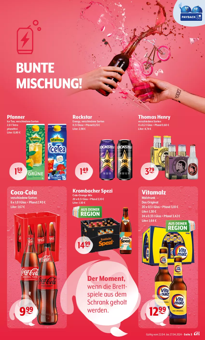 Aktueller Prospekt Getraenke Hoffmann - Prospekte - von 22.04 bis 27.04.2024 - strona 3 - produkty: coca-cola, cola, erde, gin, ice tea, krombache, krombacher, malz, orange, pfanne, Pfanner, Rockstar, Schrank, Spezi, Spiele, thomas henry, Ti, vita, vitamalz