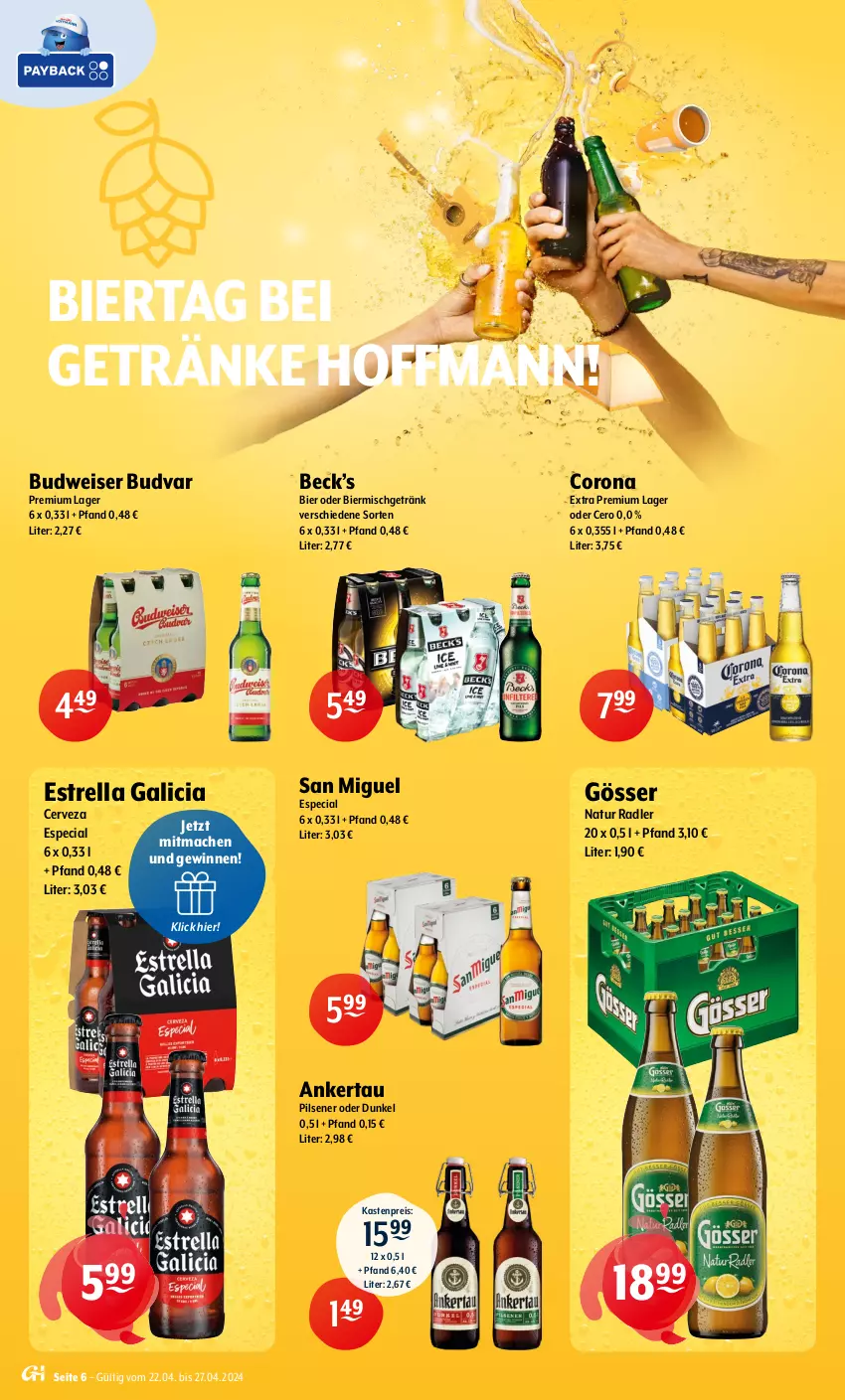 Aktueller Prospekt Getraenke Hoffmann - Prospekte - von 22.04 bis 27.04.2024 - strona 6 - produkty: bier, budweiser, corona, corona extra, eis, getränk, getränke, gösser, mac, natur, natur radler, pils, pilsener, radler, reis, rel, Ti