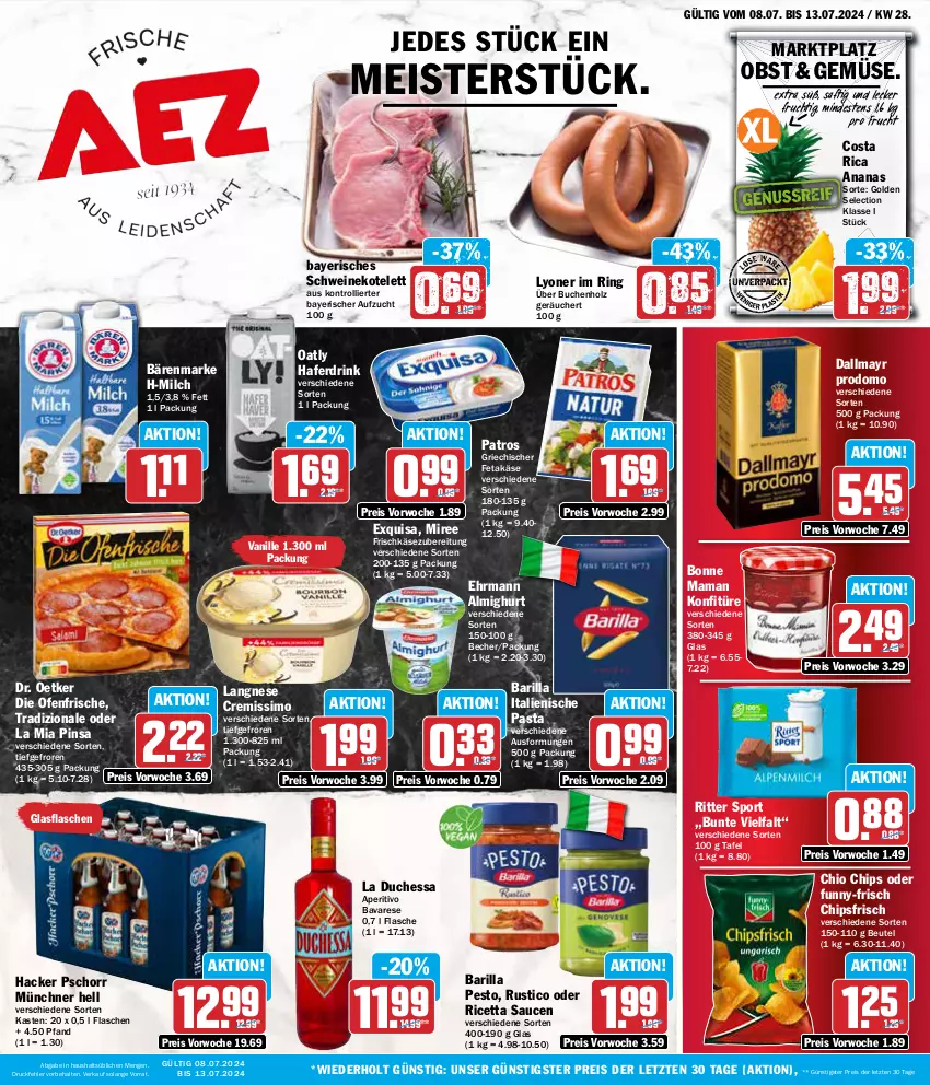 Aktueller Prospekt Aez - Prospekte - von 08.07 bis 13.07.2024 - strona 1 - produkty: almighur, almighurt, ananas, bärenmarke, barilla, Becher, beutel, bonne maman, buch, chio chips, chips, chipsfrisch, cremissimo, dallmayr, dallmayr prodomo, die ofenfrische, Dr. Oetker, drink, ehrmann, ehrmann almighurt, eis, exquisa, feta, flasche, frischkäse, frischkäsezubereitung, frucht, funny-frisch, glasflasche, hacker pschorr, hafer, Haferdrink, Holz, Käse, konfitüre, kotelett, langnese, lyoner, mam, Meister, milch, miree, obst, Ofen, pasta, patros, pesto, prodomo, reis, ring, ritter, ritter sport, saft, sauce, saucen, schwein, schweine, schweinekotelett, sim, Sport, Ti, tradizionale, trolli, vanille, wein, weine, Yo, ZTE